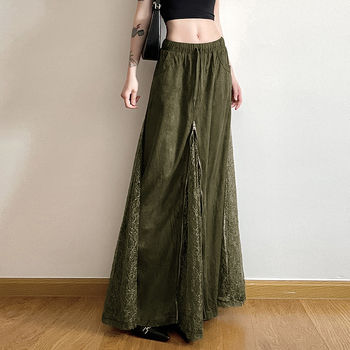 Zöld retro hosszú szoknya nőknek, cipzárral, patchwork csipével, karcsúsító fazon, derékban húzószsinórral és zsebekkel