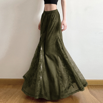Zöld retro hosszú szoknya nőknek, cipzárral, patchwork csipével, karcsúsító fazon, derékban húzószsinórral és zsebekkel