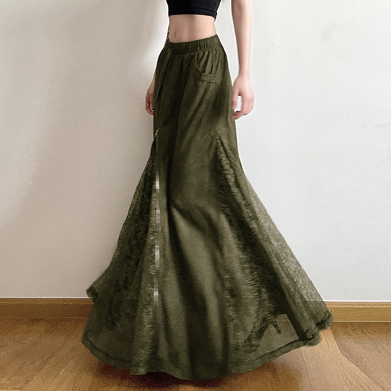 Zöld retro hosszú szoknya nőknek, cipzárral, patchwork csipével, karcsúsító fazon, derékban húzószsinórral és zsebekkel