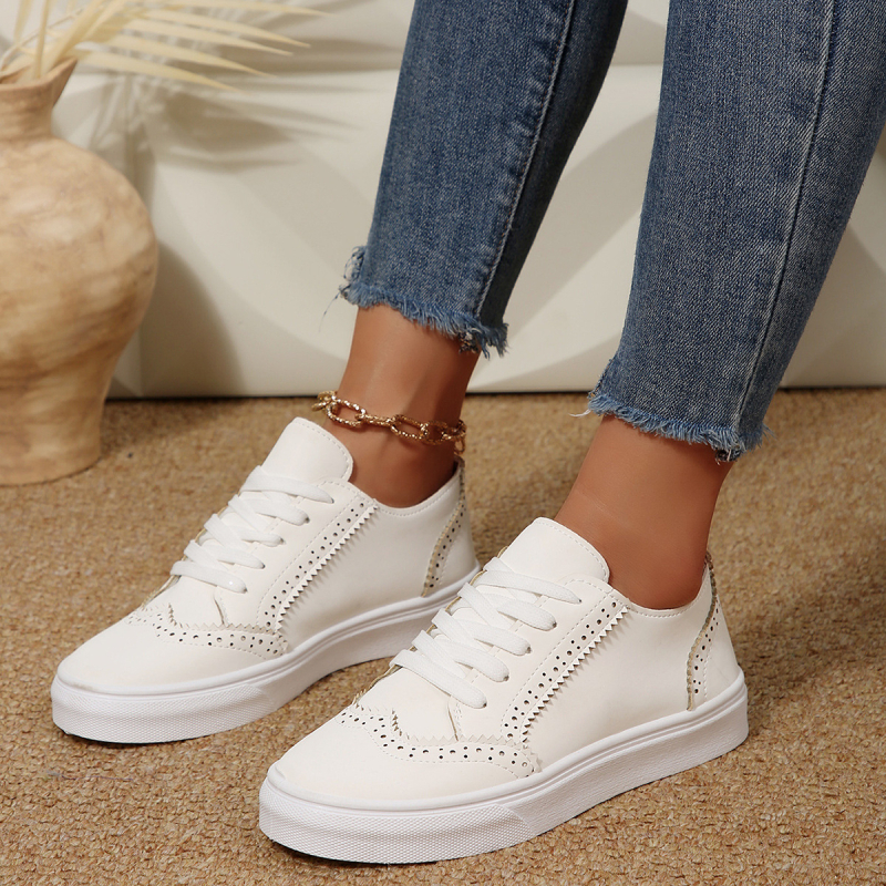 Γυναικείες sneakers με κορδόνια και δαντελένιο φινίρισμα, άνετα καθημερινά παπούτσια, στρογγυλή μύτη, επίπεδη σόλα, μονόχρωμα, μεγάλου μεγέθους