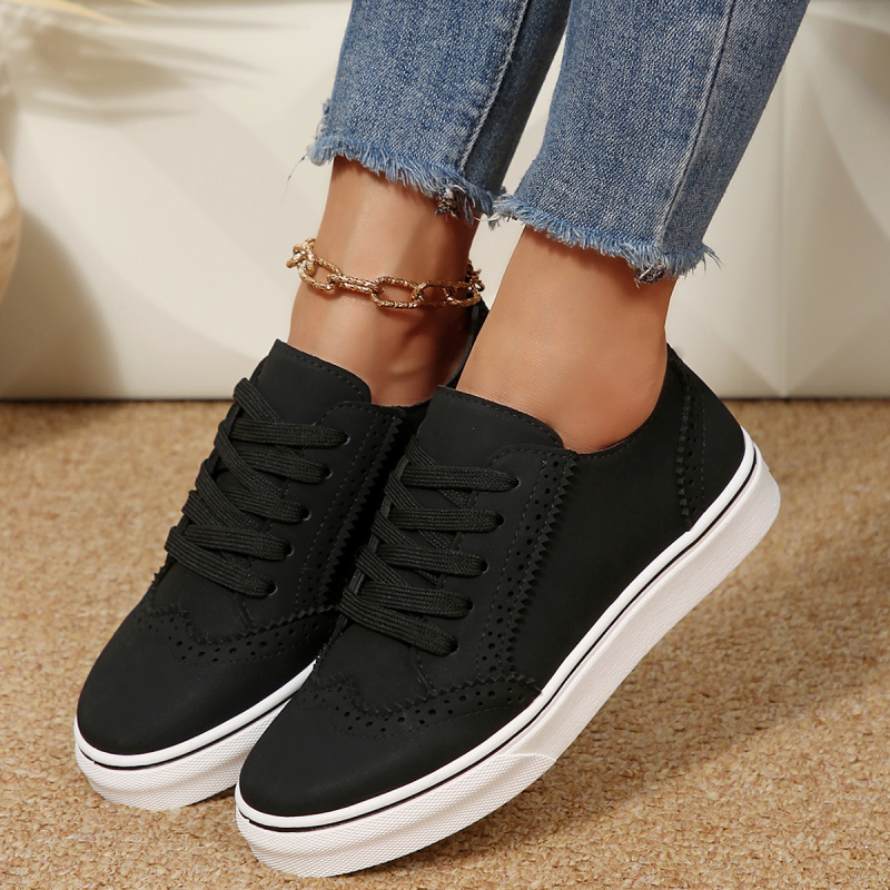 Γυναικείες sneakers με κορδόνια και δαντελένιο φινίρισμα, άνετα καθημερινά παπούτσια, στρογγυλή μύτη, επίπεδη σόλα, μονόχρωμα, μεγάλου μεγέθους