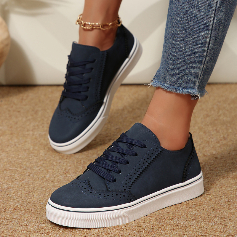 Γυναικείες sneakers με κορδόνια και δαντελένιο φινίρισμα, άνετα καθημερινά παπούτσια, στρογγυλή μύτη, επίπεδη σόλα, μονόχρωμα, μεγάλου μεγέθους