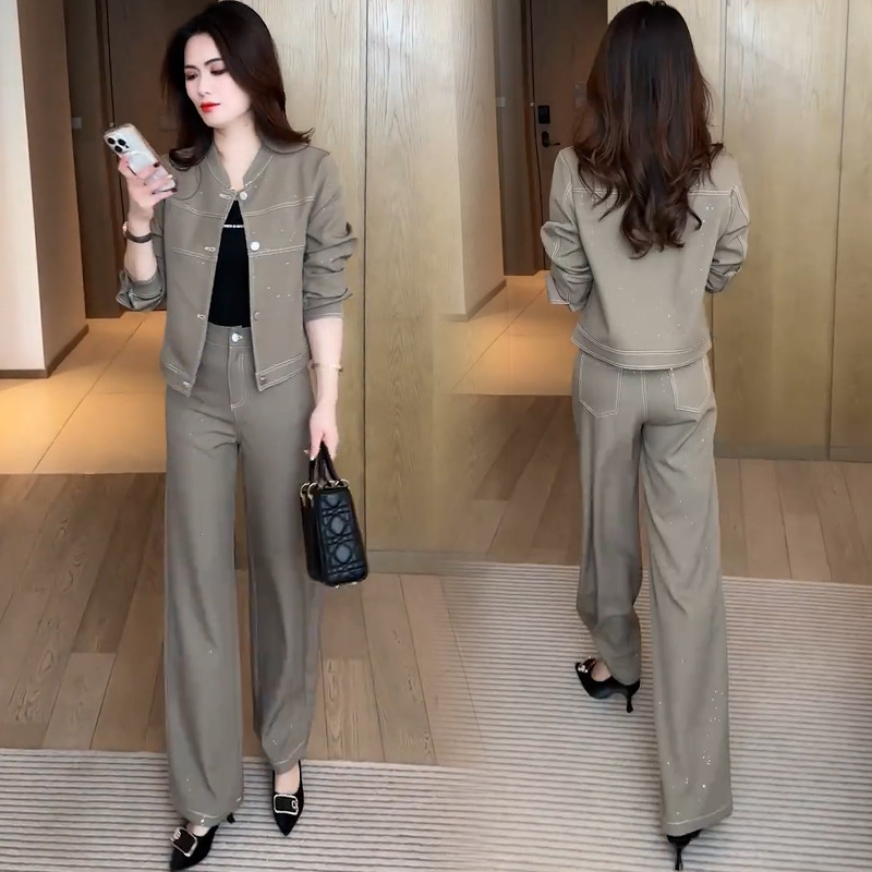 Korejskog stila sjajni denimski dvodijelni set za žene — kratka jakna sa stojećim ovratnikom i hlače visokog struka (proljeće i jesen)