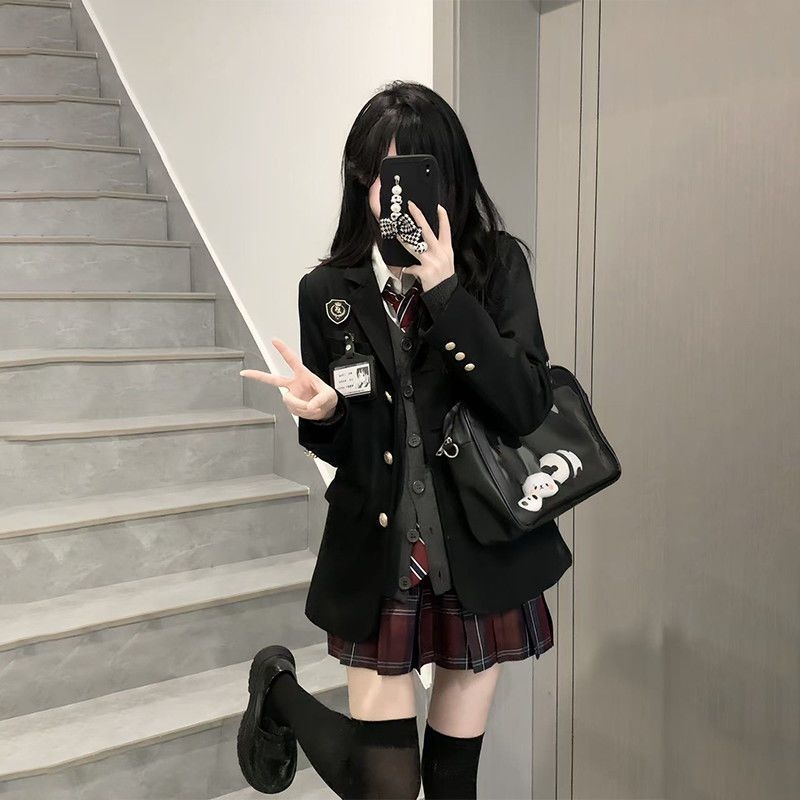Autentičan JK set za žene, jesen-zima, stil fakulteta, haljina s pletenim kardiganom, cijeli slojeviti outfit.