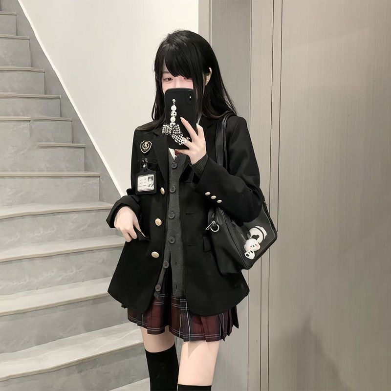 Autentičan JK set za žene, jesen-zima, stil fakulteta, haljina s pletenim kardiganom, cijeli slojeviti outfit.
