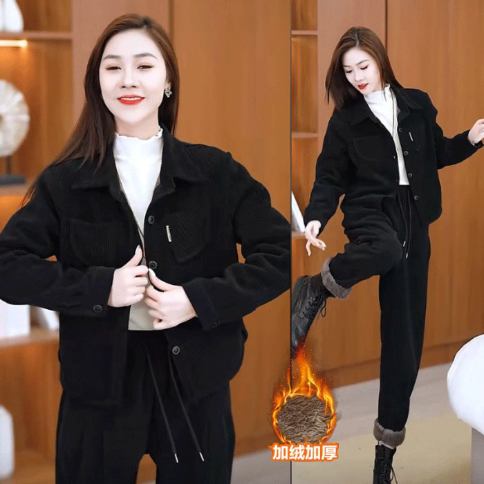 Premium ženski casual sportski set s jaknom s flis podstavom i harém hlačama – jesen-zima
