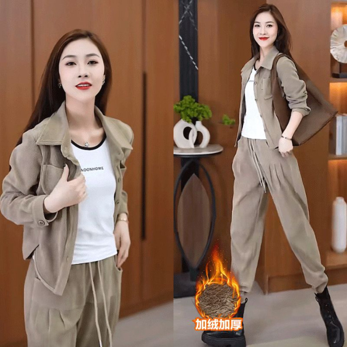 Premium ženski casual sportski set s jaknom s flis podstavom i harém hlačama – jesen-zima
