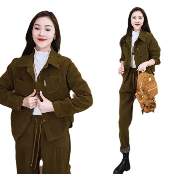 Premium ženski casual sportski set s jaknom s flis podstavom i harém hlačama – jesen-zima