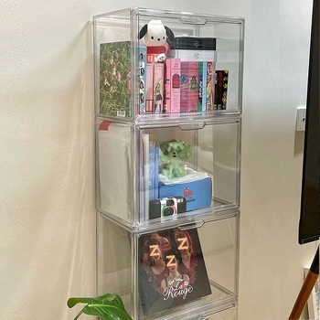 Prozirna kutija od prozirnog akrila za albume, knjige, CD-ove i ploče – stolni prikazni stalak s uzorkom drveta, kapacitet 18 L