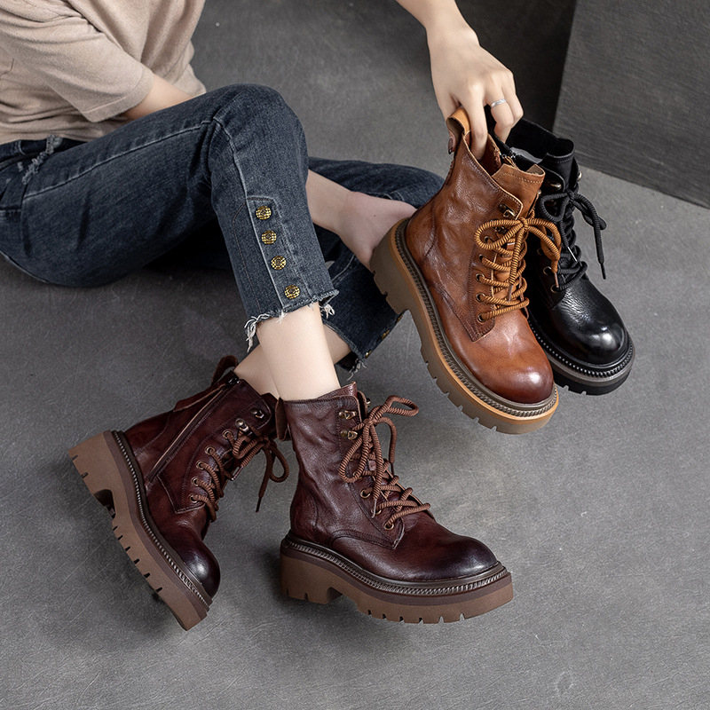 Botine Martin cu talpă groasă, aspect uzat, fermoar lateral, vârf rotund, stil retro, botine scurte pentru toamnă iarnă