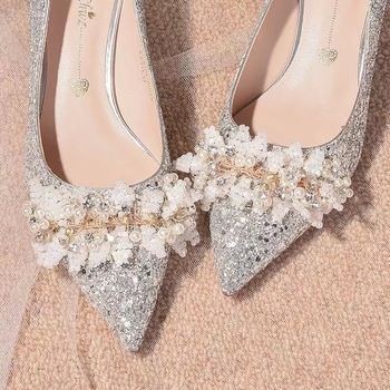 JF ženske svadbene cipele – bordo s glitter vampom, uski prst, visoke pete 6–8 cm, dva načina nošenja, stil princeze