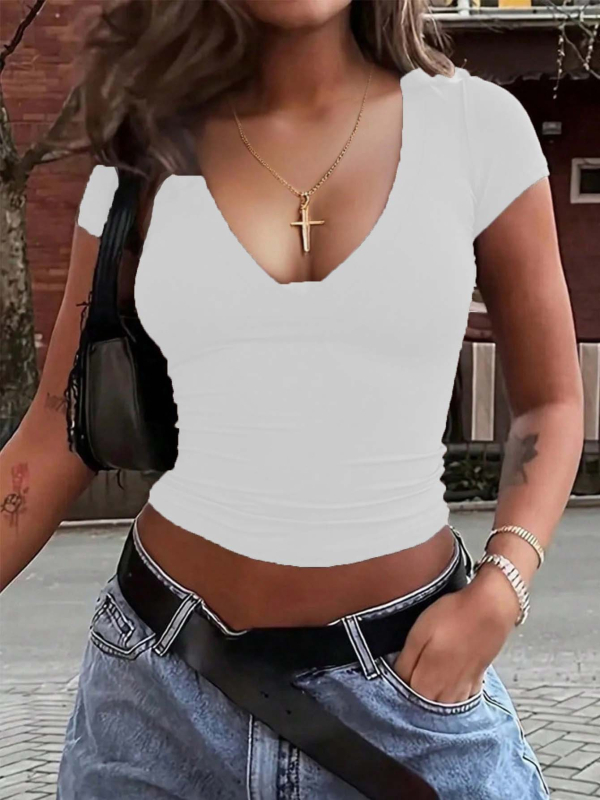 2025 Ženski T-shirt s V-izrezom, kratki rukavi, uski kroj, Y2K moda