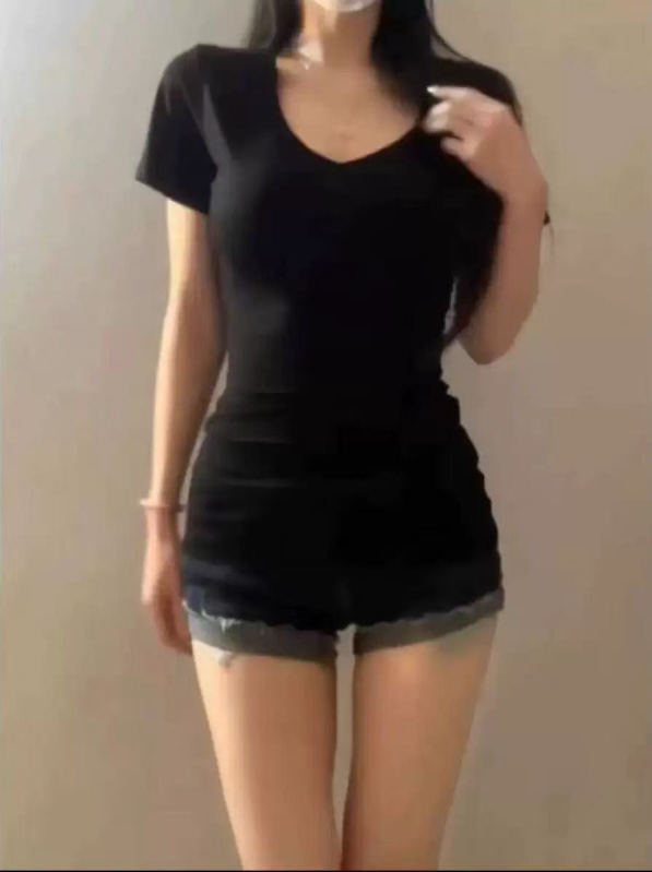 Mia Anna Ženski ljetni T-shirt s kratkim rukavima, V izrezom, uski kroj, rayon