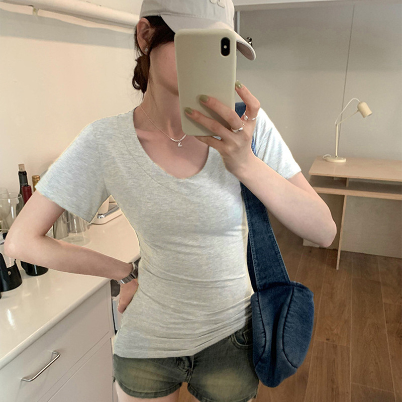 Mia Anna Ženski ljetni T-shirt s kratkim rukavima, V izrezom, uski kroj, rayon