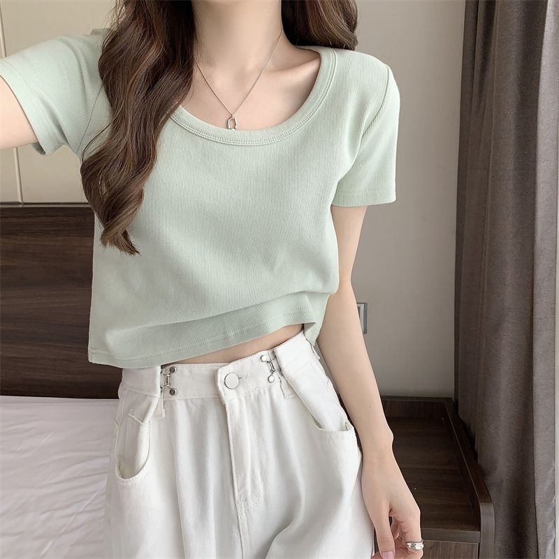 Ženski T‑shirt Mint Mambo stil, zelena Ice Silk, jednobojna, kratki rukavi, U-oblika ovratnik, uski kroj, ljeto 2025