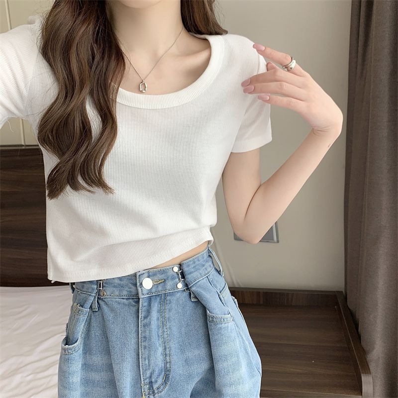Ženski T‑shirt Mint Mambo stil, zelena Ice Silk, jednobojna, kratki rukavi, U-oblika ovratnik, uski kroj, ljeto 2025
