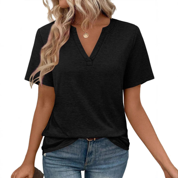 Ženski T‑shirt s V izrezom, kratki rukavi, jednobojna boja, ležernog kroja, poliester, ljeto 2025