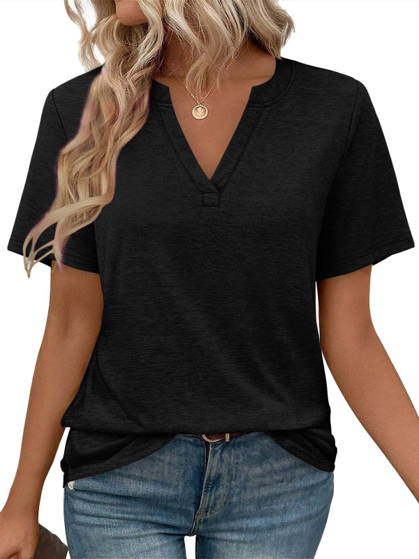 Ženski T‑shirt s V izrezom, kratki rukavi, jednobojna boja, ležernog kroja, poliester, ljeto 2025