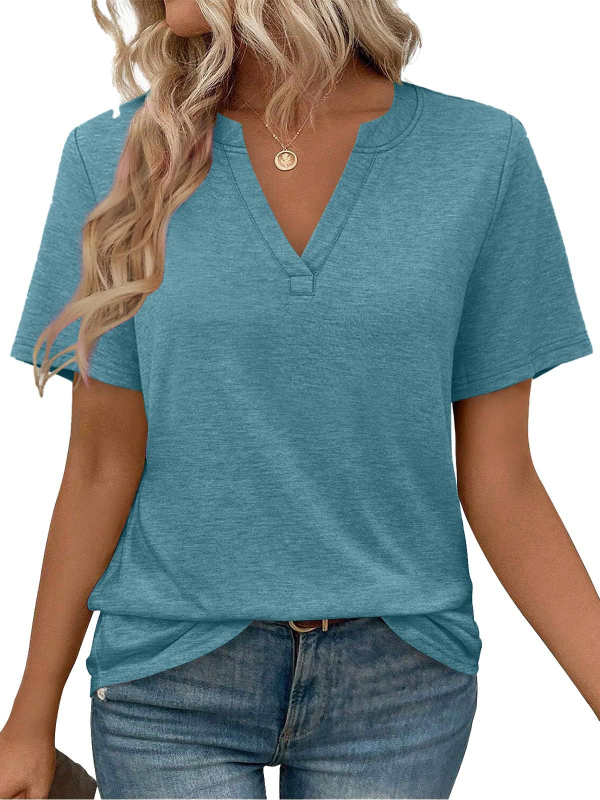 Ženski T‑shirt s V izrezom, kratki rukavi, jednobojna boja, ležernog kroja, poliester, ljeto 2025