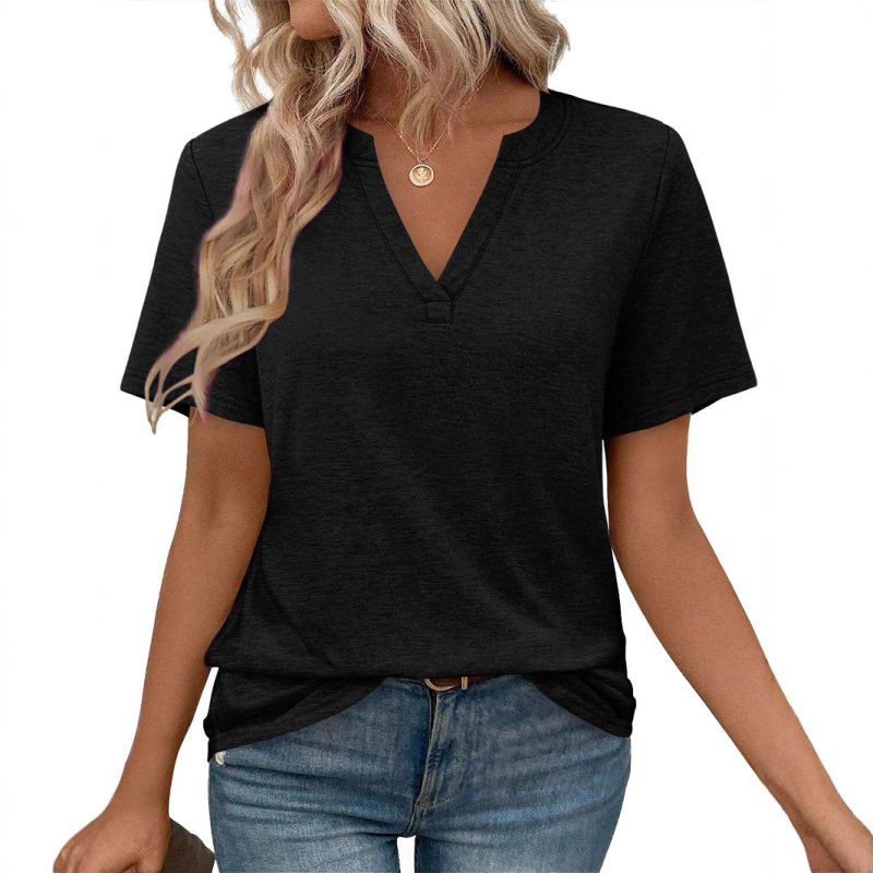 Ženski T‑shirt s V izrezom, kratki rukavi, jednobojna boja, ležernog kroja, poliester, ljeto 2025