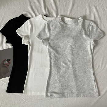 Ženski pamukasti T-shirt s kratkim rukavima, okrugli izrez, uski kroj, ljetni top BM Style