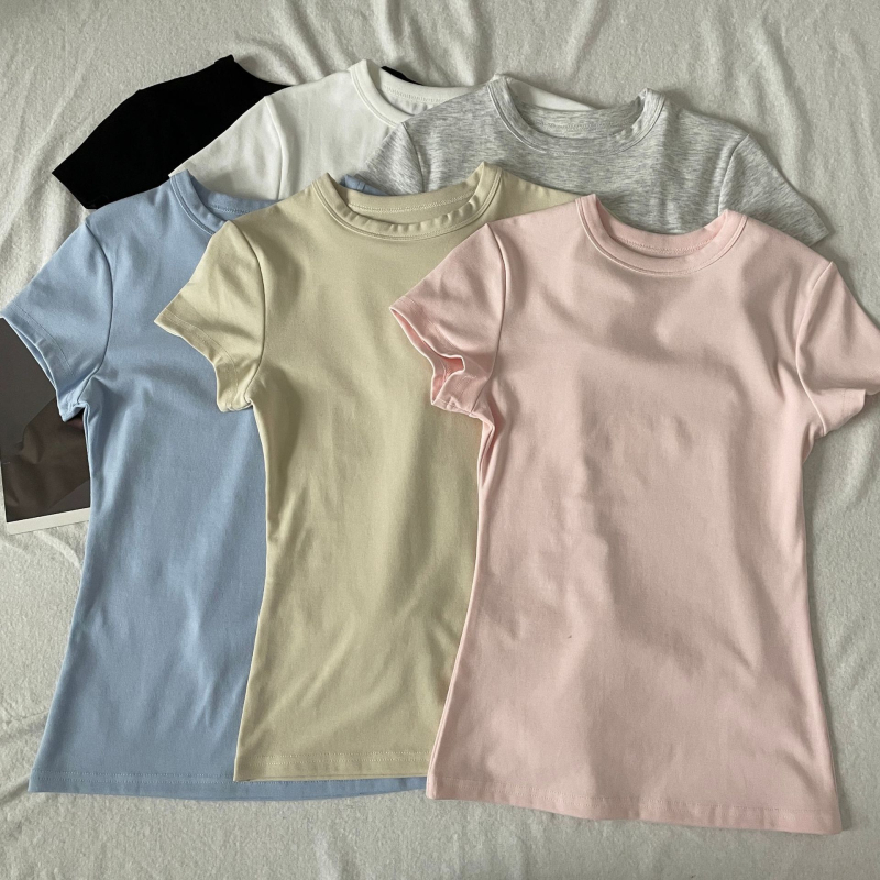 Ženski pamukasti T-shirt s kratkim rukavima, okrugli izrez, uski kroj, ljetni top BM Style