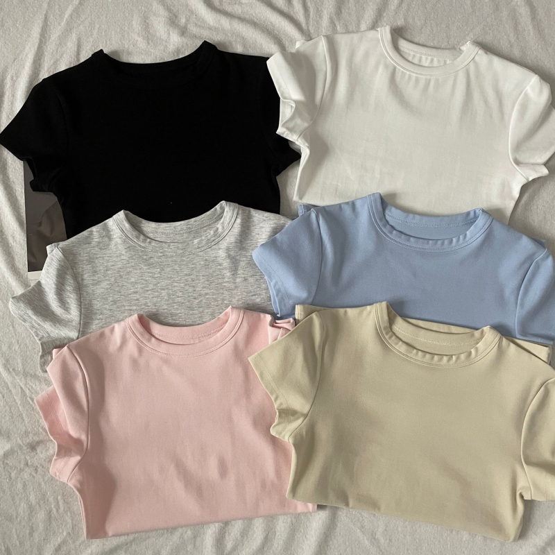 Ženski pamukasti T-shirt s kratkim rukavima, okrugli izrez, uski kroj, ljetni top BM Style