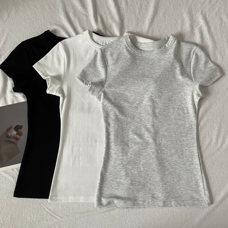 Ženski pamukasti T-shirt s kratkim rukavima, okrugli izrez, uski kroj, ljetni top BM Style