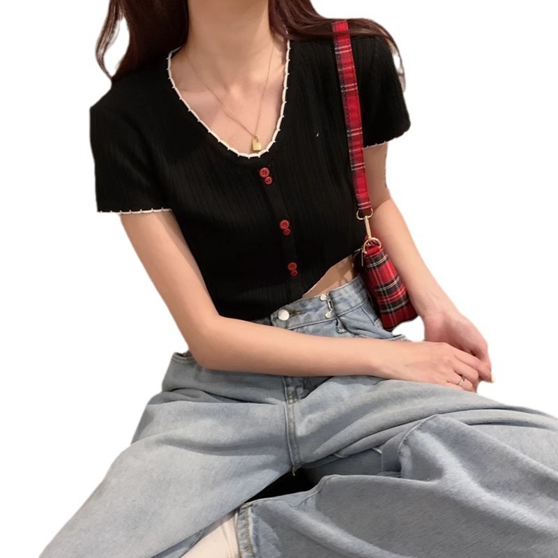 Ljetni top s V izrezom, ice-silk pleteni top, uski kroj, kratke rukave, visok struk, kratka duljina, za žene