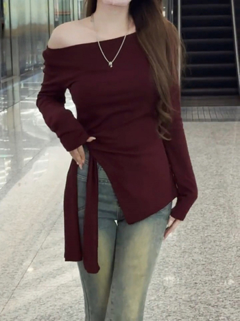 Ženska majica s dugim rukavima za rano jesen, dizajn s jednim ramenom i bočnom trakom, uski kroj, osnovni top