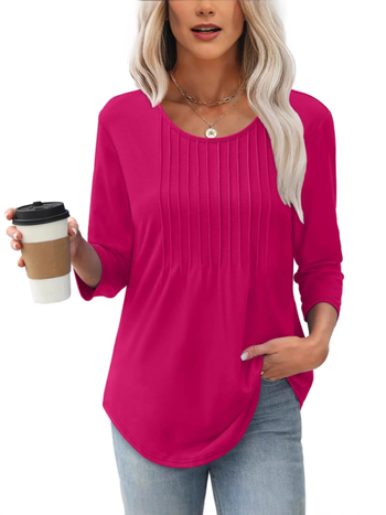 Ženski pamučni top s dugim rukavima, plisirani detalji, okrugli izrez, casual street stil, jesen 2025