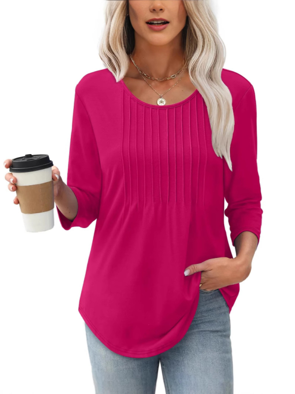 Ženski pamučni top s dugim rukavima, plisirani detalji, okrugli izrez, casual street stil, jesen 2025