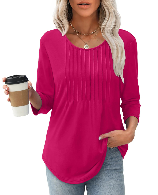 Ženski pamučni top s dugim rukavima, plisirani detalji, okrugli izrez, casual street stil, jesen 2025