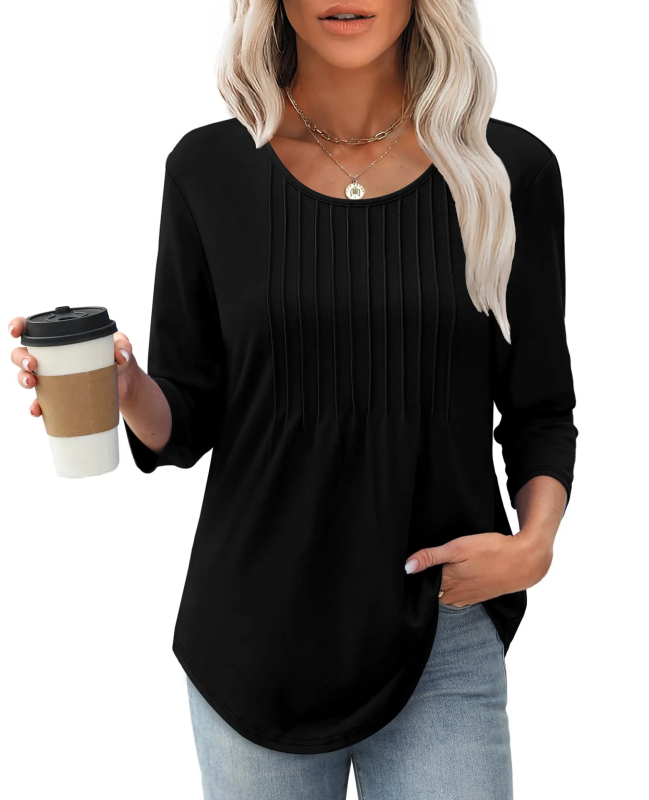 Ženski pamučni top s dugim rukavima, plisirani detalji, okrugli izrez, casual street stil, jesen 2025
