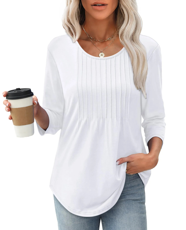 Ženski pamučni top s dugim rukavima, plisirani detalji, okrugli izrez, casual street stil, jesen 2025