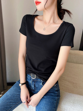 Női pamut rövid ujjú környakú T‑shirt, karcsúsított fazon, tavasz–nyár stílus