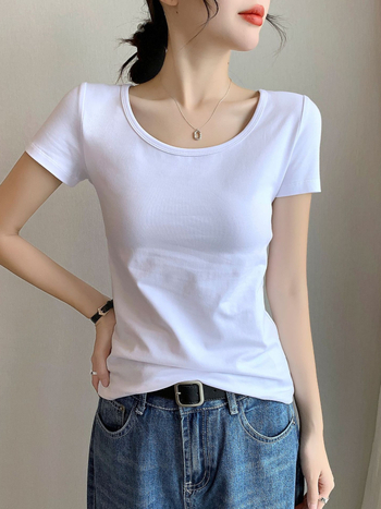 Női pamut rövid ujjú környakú T‑shirt, karcsúsított fazon, tavasz–nyár stílus