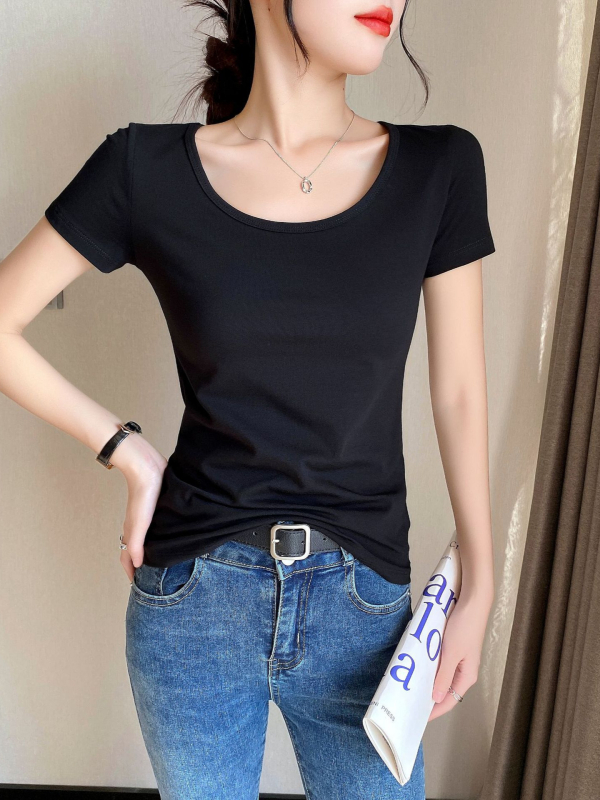 Női pamut rövid ujjú környakú T‑shirt, karcsúsított fazon, tavasz–nyár stílus