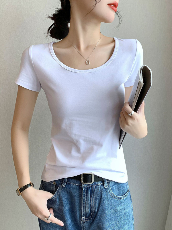 Női pamut rövid ujjú környakú T‑shirt, karcsúsított fazon, tavasz–nyár stílus