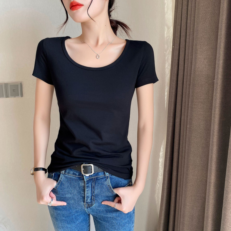 Női pamut rövid ujjú környakú T‑shirt, karcsúsított fazon, tavasz–nyár stílus