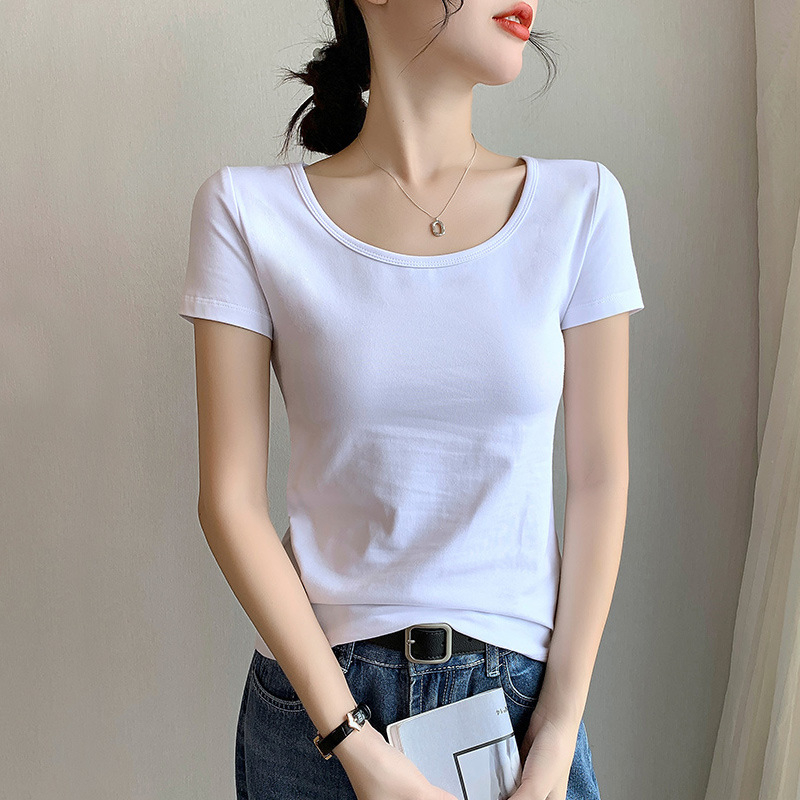 Női pamut rövid ujjú környakú T‑shirt, karcsúsított fazon, tavasz–nyár stílus