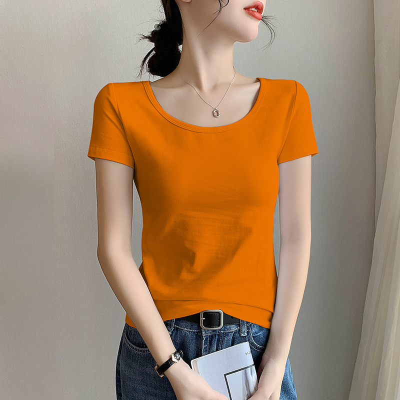 Női pamut rövid ujjú környakú T‑shirt, karcsúsított fazon, tavasz–nyár stílus