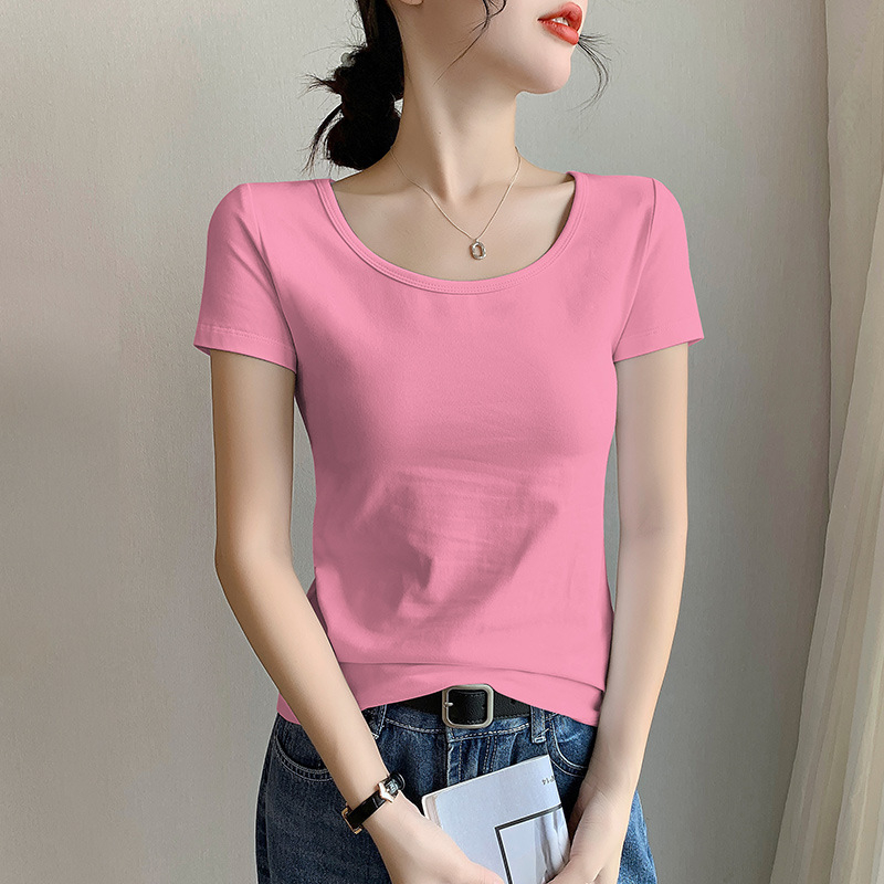 Női pamut rövid ujjú környakú T‑shirt, karcsúsított fazon, tavasz–nyár stílus