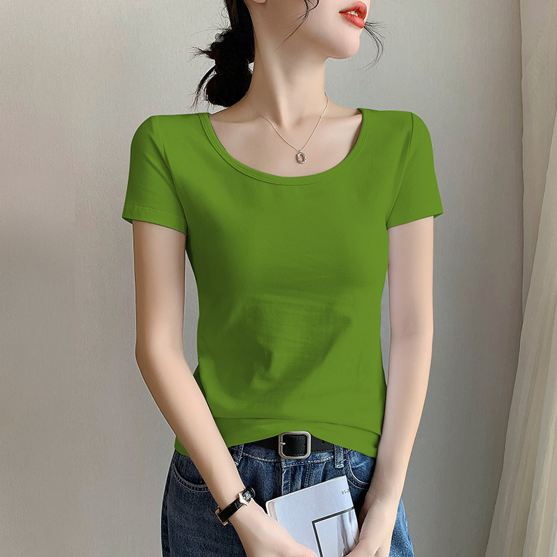 Női pamut rövid ujjú környakú T‑shirt, karcsúsított fazon, tavasz–nyár stílus