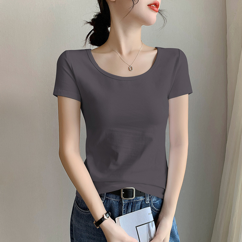 Női pamut rövid ujjú környakú T‑shirt, karcsúsított fazon, tavasz–nyár stílus