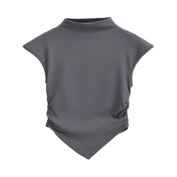 Ženski kratki T-shirt s polu-visokim ovratnikom, plisiranim rubom i trokutastim završetkom, jednodobojan, uski kroj