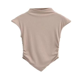 Ženski kratki T-shirt s polu-visokim ovratnikom, plisiranim rubom i trokutastim završetkom, jednodobojan, uski kroj