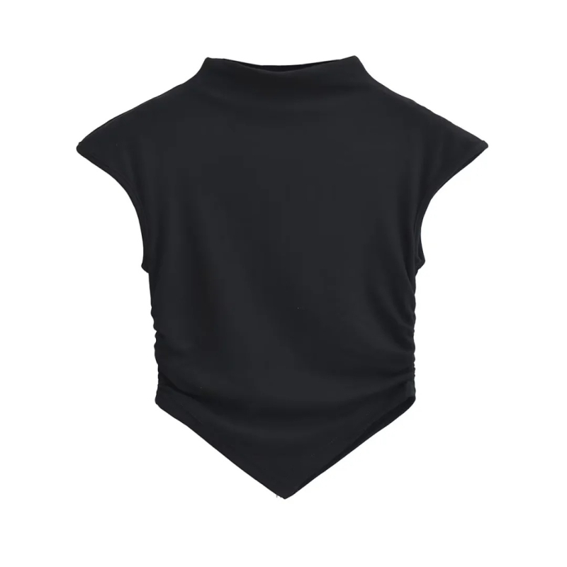 Ženski kratki T-shirt s polu-visokim ovratnikom, plisiranim rubom i trokutastim završetkom, jednodobojan, uski kroj