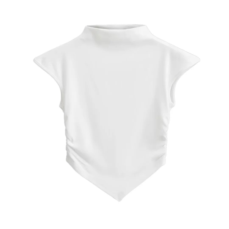 Ženski kratki T-shirt s polu-visokim ovratnikom, plisiranim rubom i trokutastim završetkom, jednodobojan, uski kroj