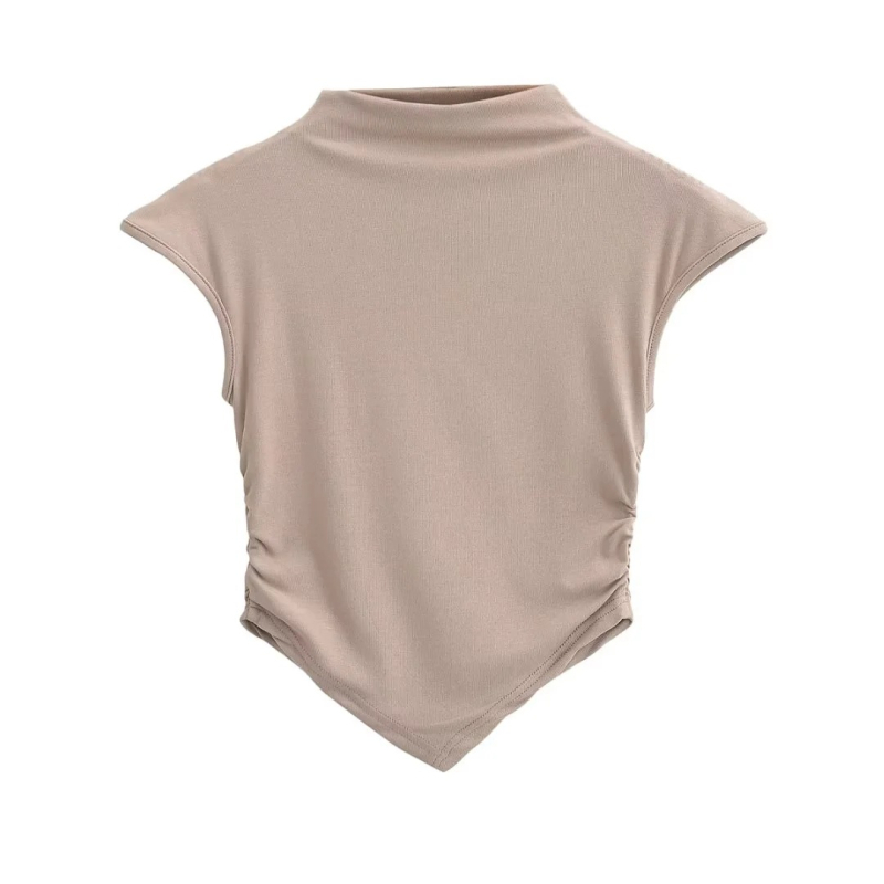 Ženski kratki T-shirt s polu-visokim ovratnikom, plisiranim rubom i trokutastim završetkom, jednodobojan, uski kroj